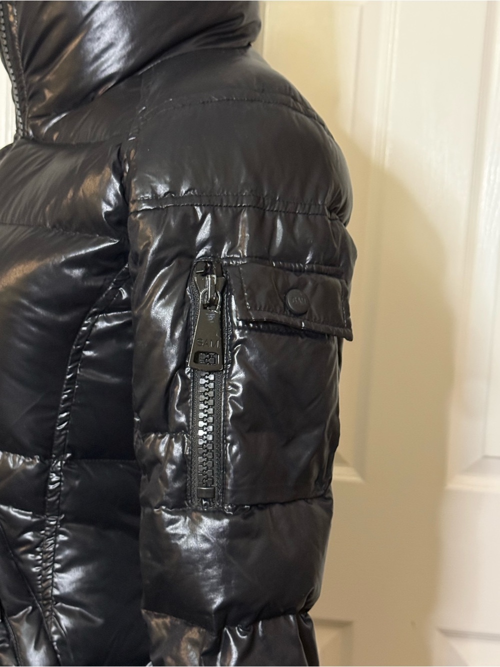SAM. New York Black Glossy Goose Down Puffer Jacket XS Thumbhole Cuffs - Picture 7 of 14